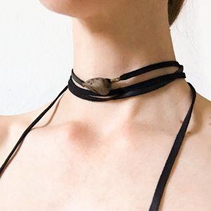 Boho Chic Black Leather and Stone Long Choker
